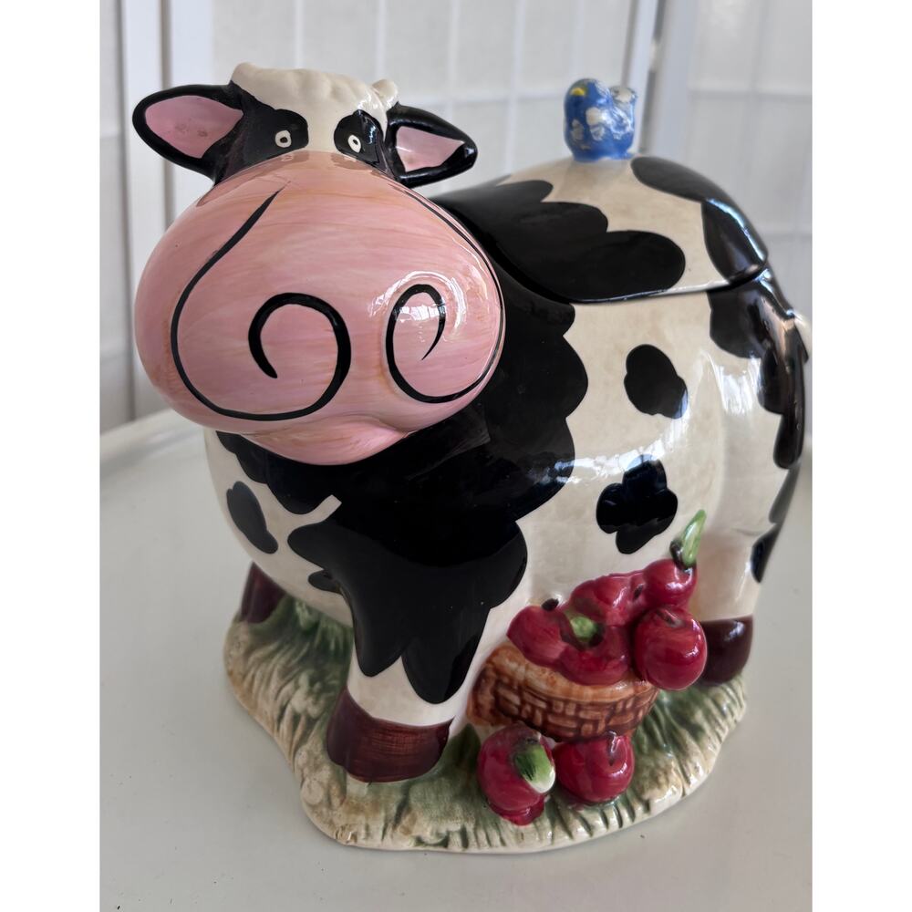 Cow Cookie Jar Farmhouse Country Kitchen Decor Ceramic Black White Apples - Picture 2 of 11